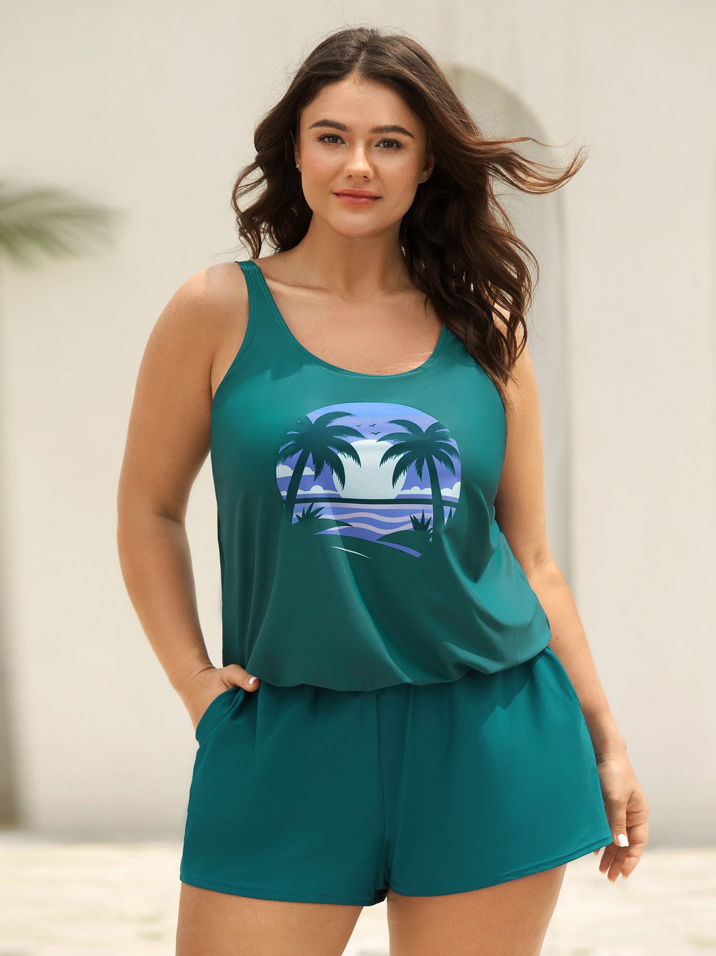 Island Pattern Pockets One-Piece Swimsuit