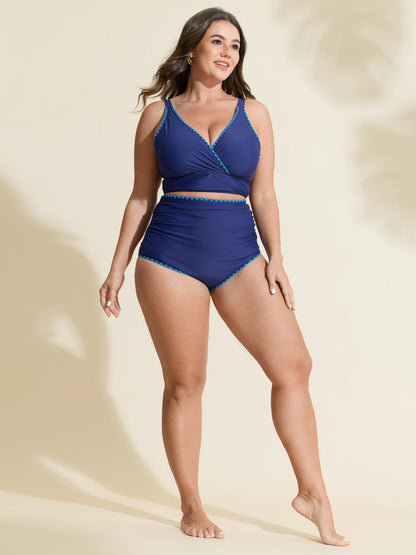 Color Contrast Embroidered Pleated Swim Bottoms