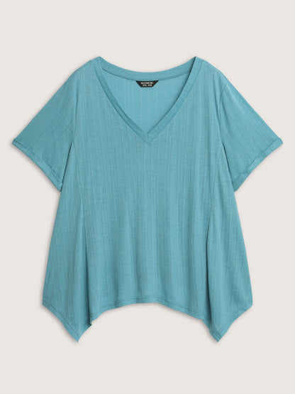 Textured High Low Hem V-Neck T-Shirt