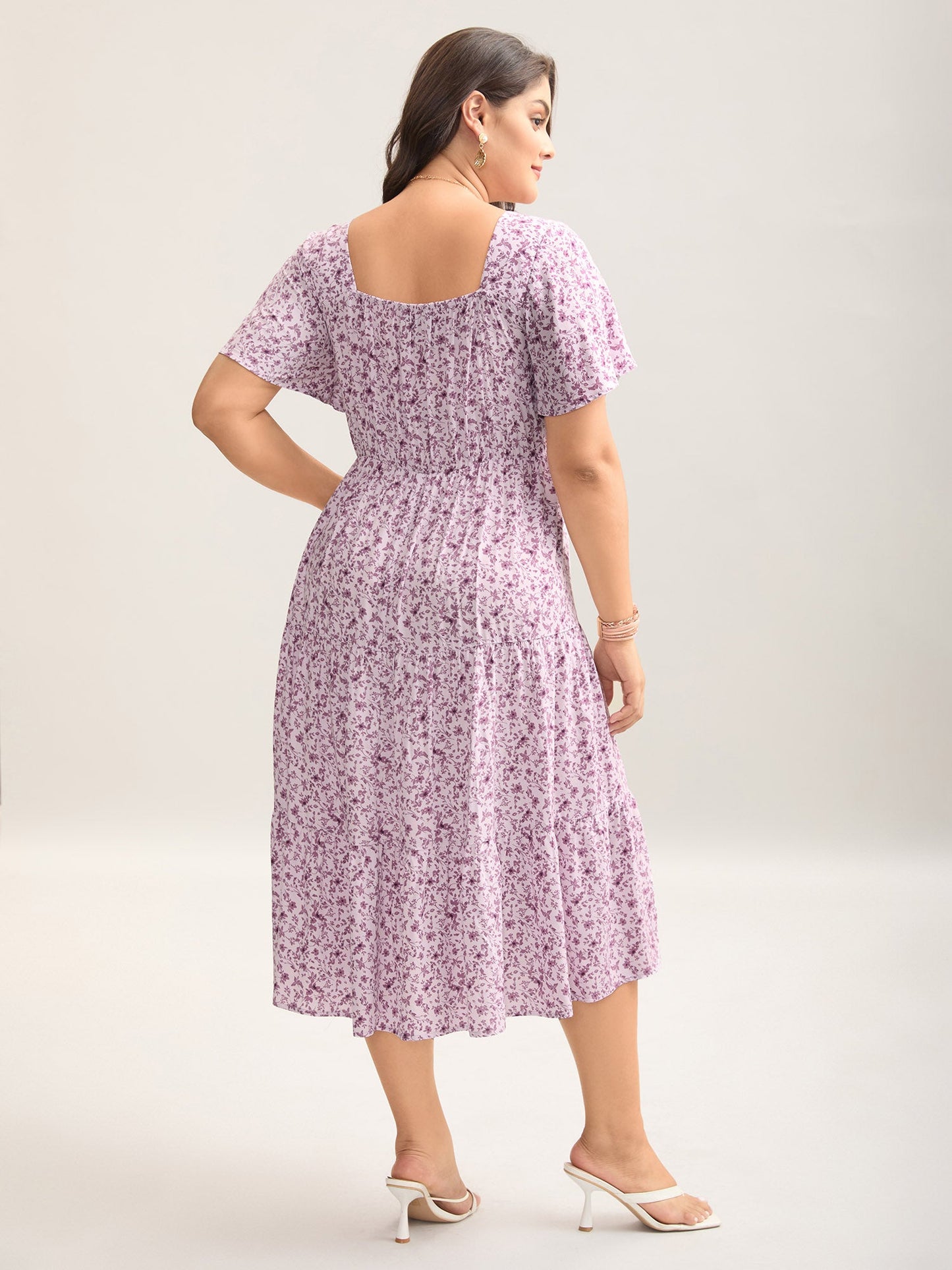 plus size Ditsy Floral Sweetheart Drawstring Pocket Tiered Dress
