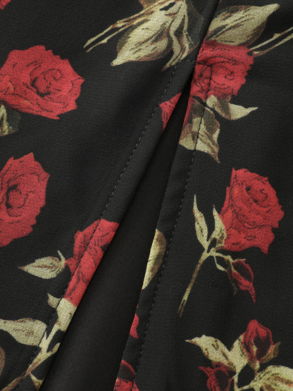 Rose Print Bustier Drawstring Midi Dress
