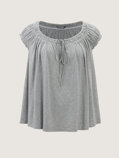 Supersoft Shirred Drawstring Neckline Flowy Top