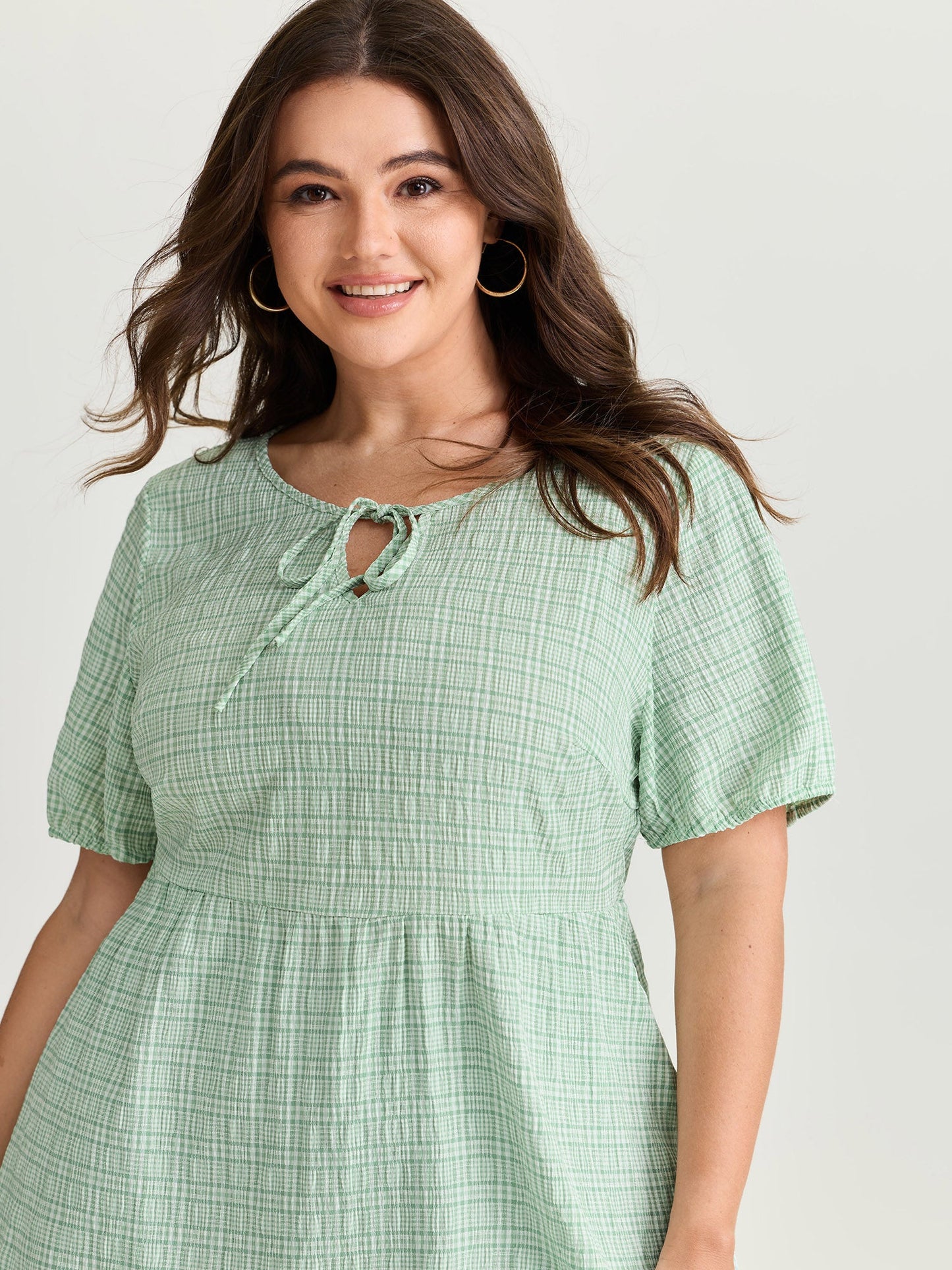 Grid Textured Drawstring Neckline Blouse