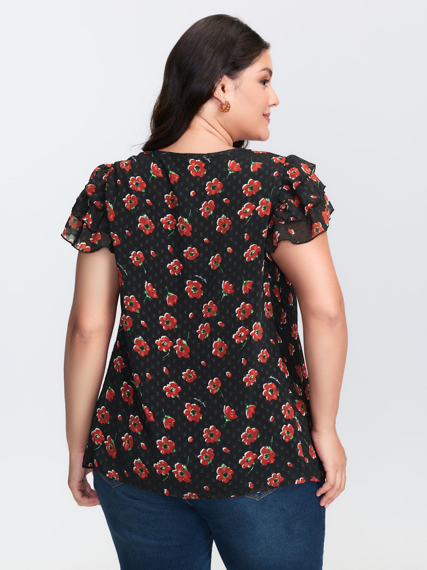 Floral Print Ruffled Sleeve Textured Blouse
