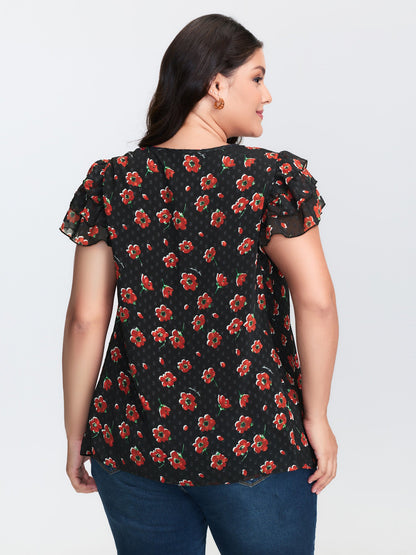 Floral Print Ruffled Sleeve Textured Blouse