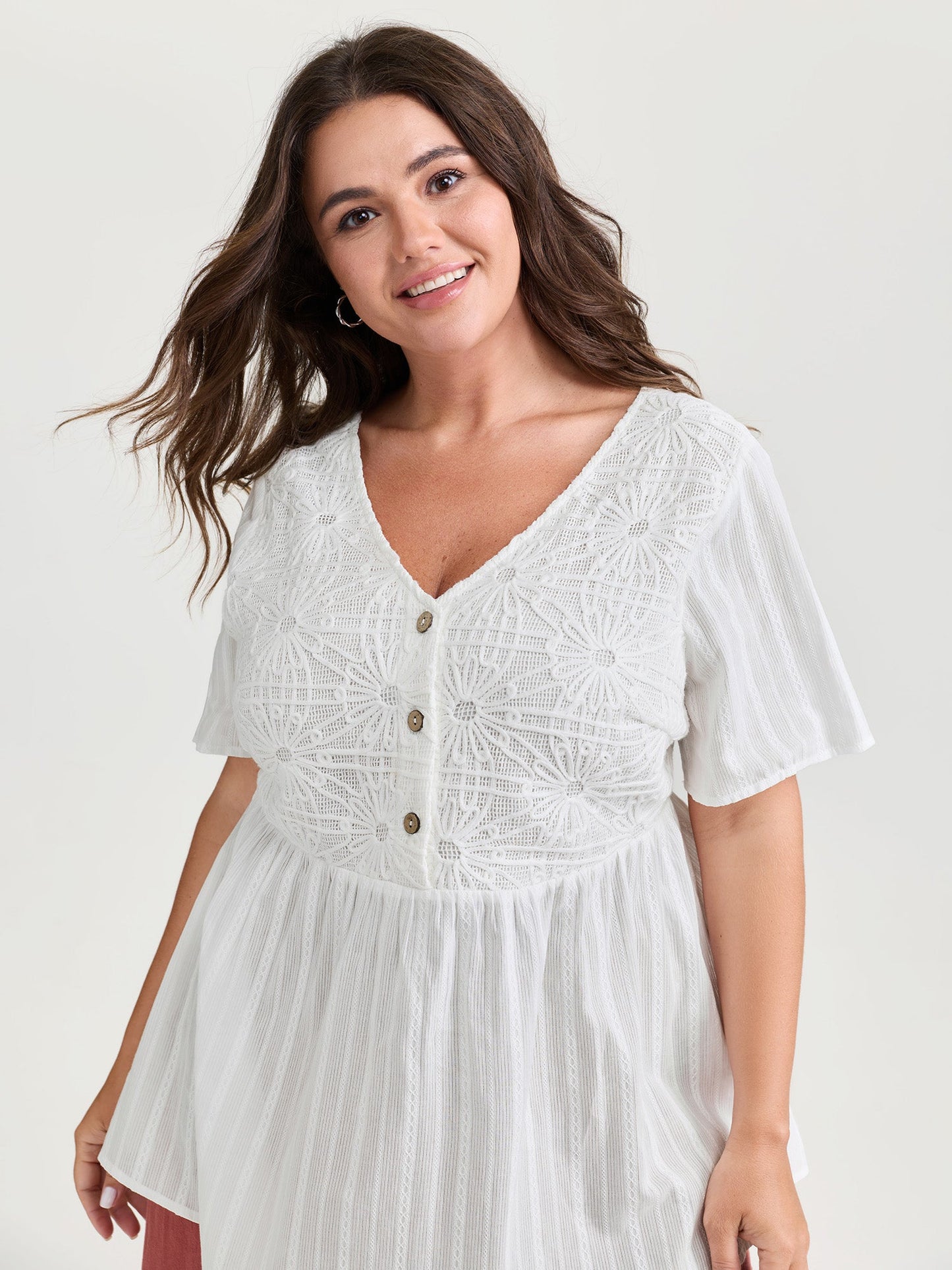 Cotton Stretchy Button Detail V-Neck Knit Top