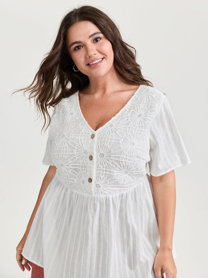 Cotton Stretchy Button Detail V-Neck Knit Top