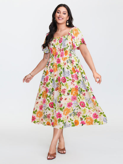 plus size Floral Shirred Square Neck Pocket Midi Dress
