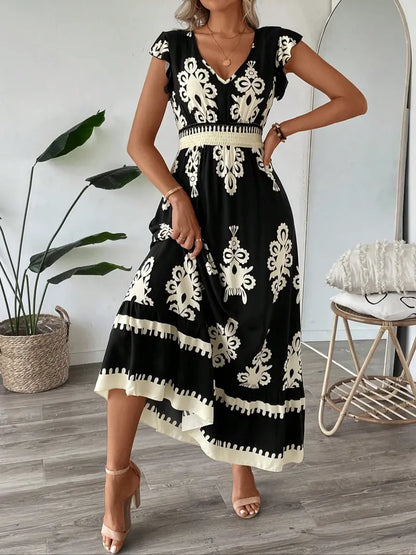 Women's V Neck Ruffle Hem A-Line Dress, Elegant All over Print, Elastic Waist, Moderate Fabric, Casual Vacation Wear