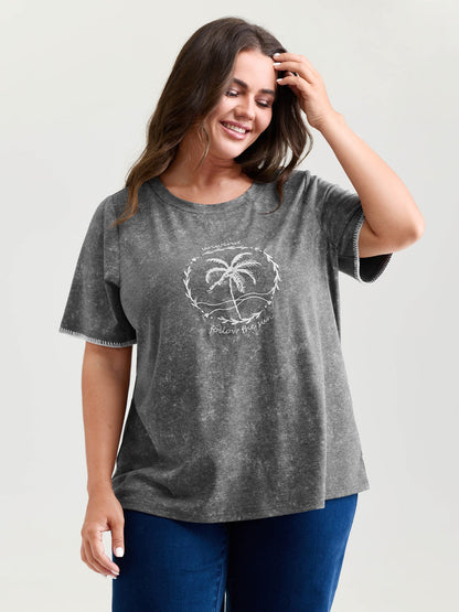 Island Print Embroidered Round Neck T-Shirt