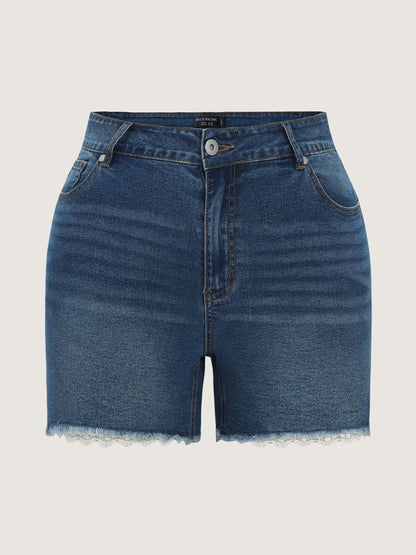 Stretchy Skinny-Fit Lace Trim Stitch Denim Shorts