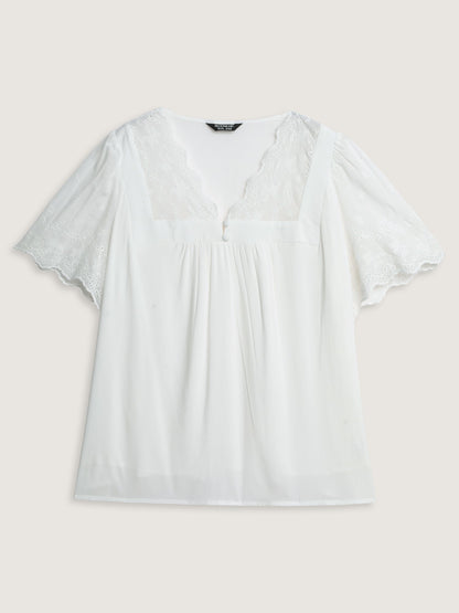 Embroidery Scalloped Sleeve Plain Blouse