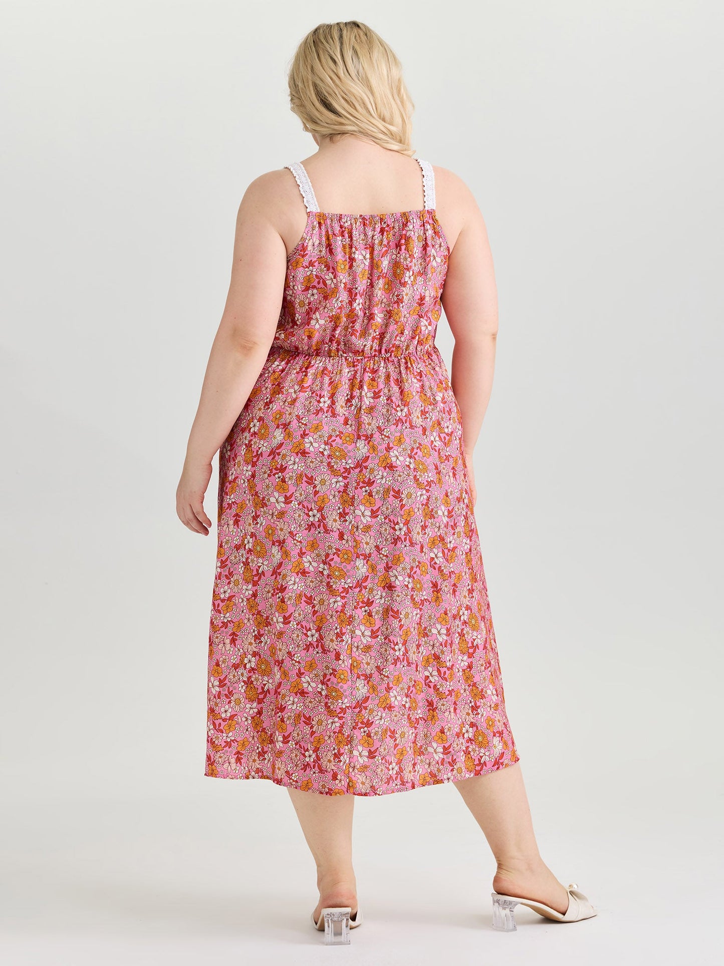Bright Floral Print Lace Neckline Midi Dress