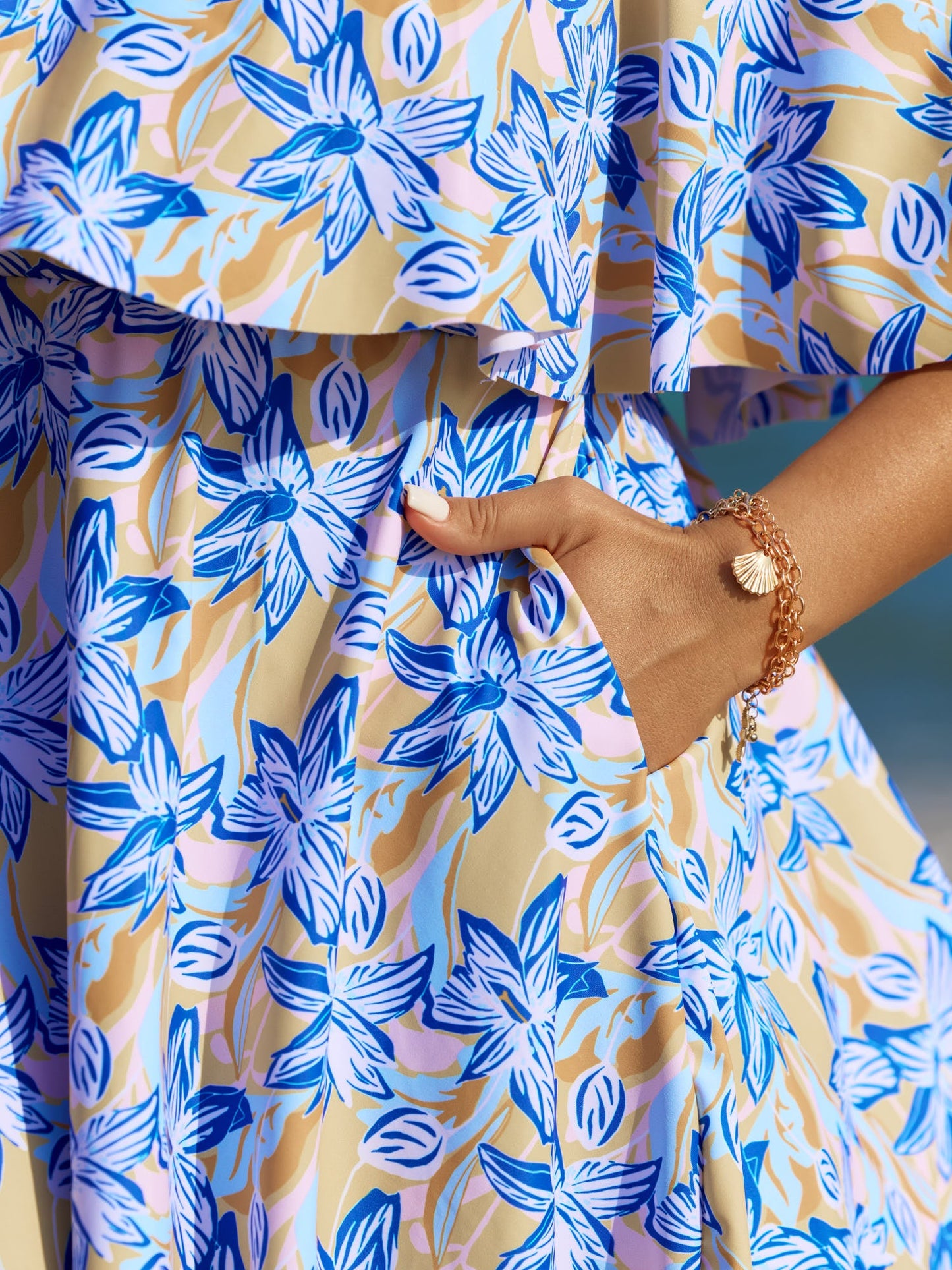 Floral Ruffle Trim Off Shoulder Pockets Swim Dress