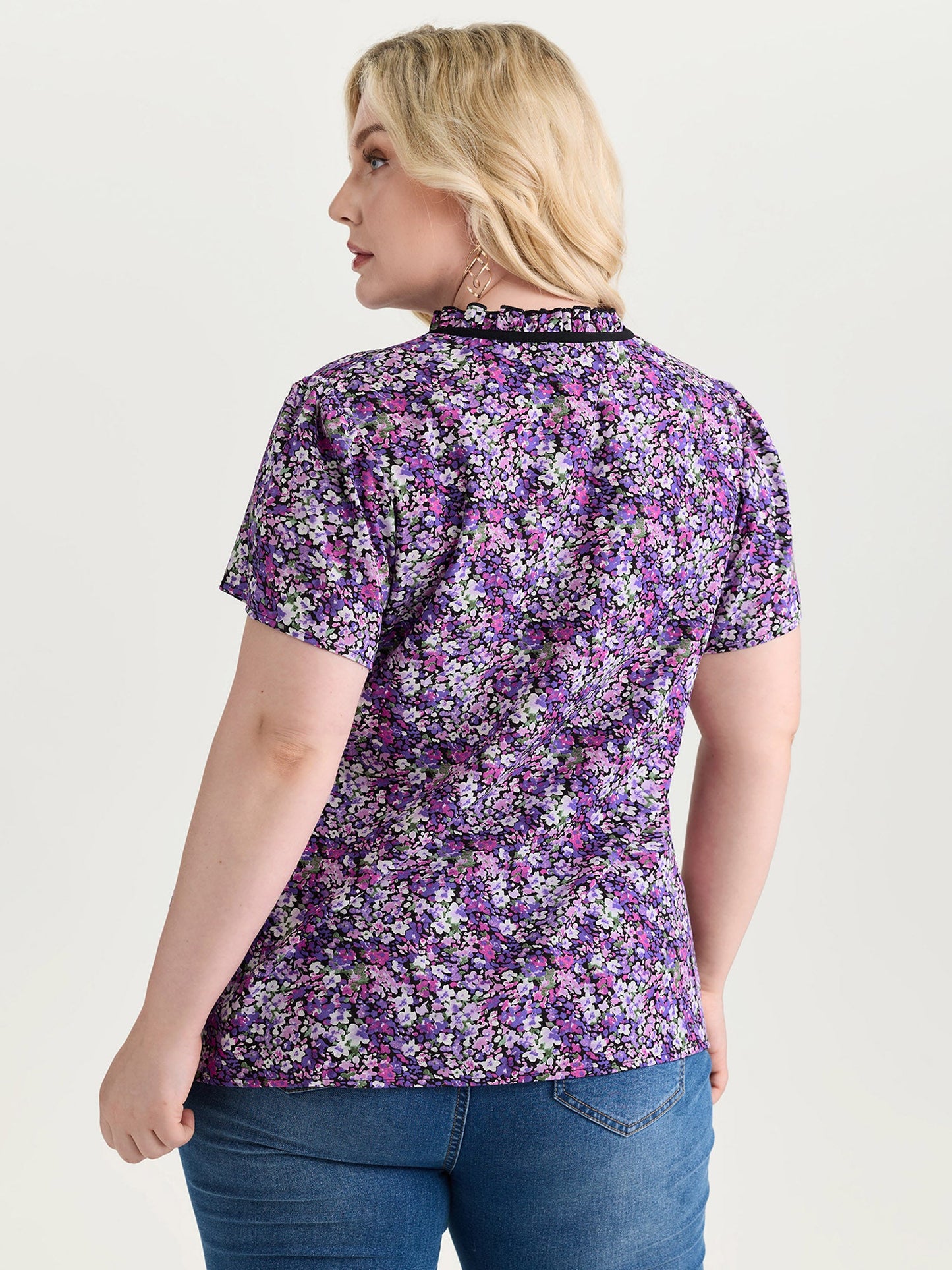 Dense Floral Print Ruffled Mock Neck Blouse