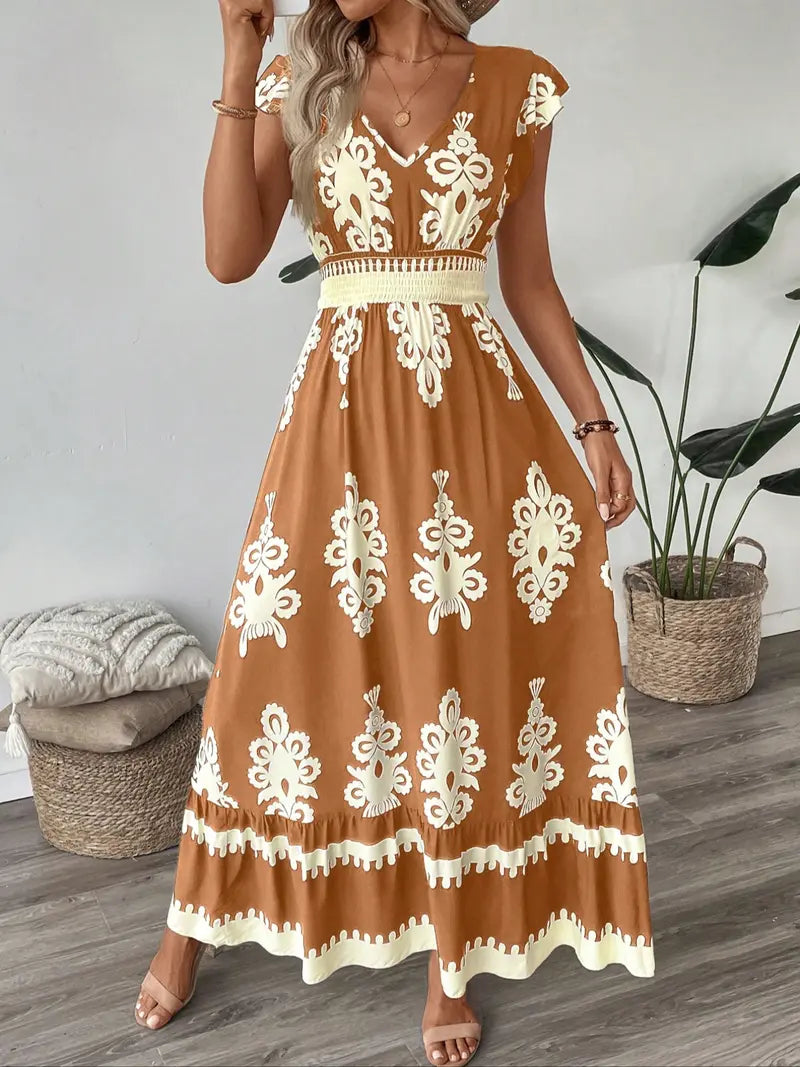 Women's V Neck Ruffle Hem A-Line Dress, Elegant All over Print, Elastic Waist, Moderate Fabric, Casual Vacation Wear