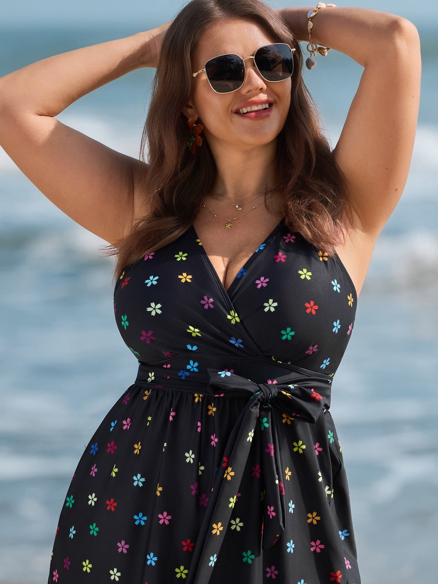 Floral Non-Removable Belt One-Piece Swimsuit