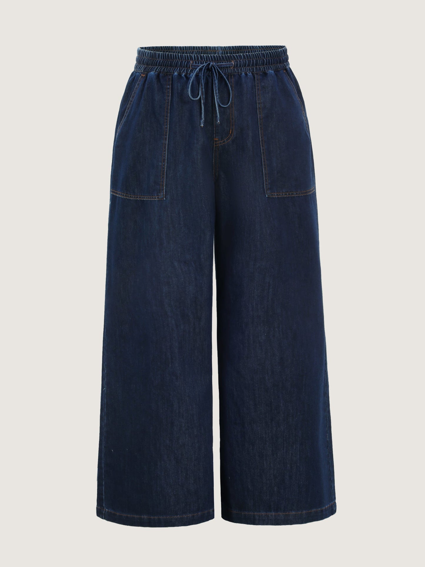 Cotton Stretchy Waist Drawstring Wide-Leg Jeans
