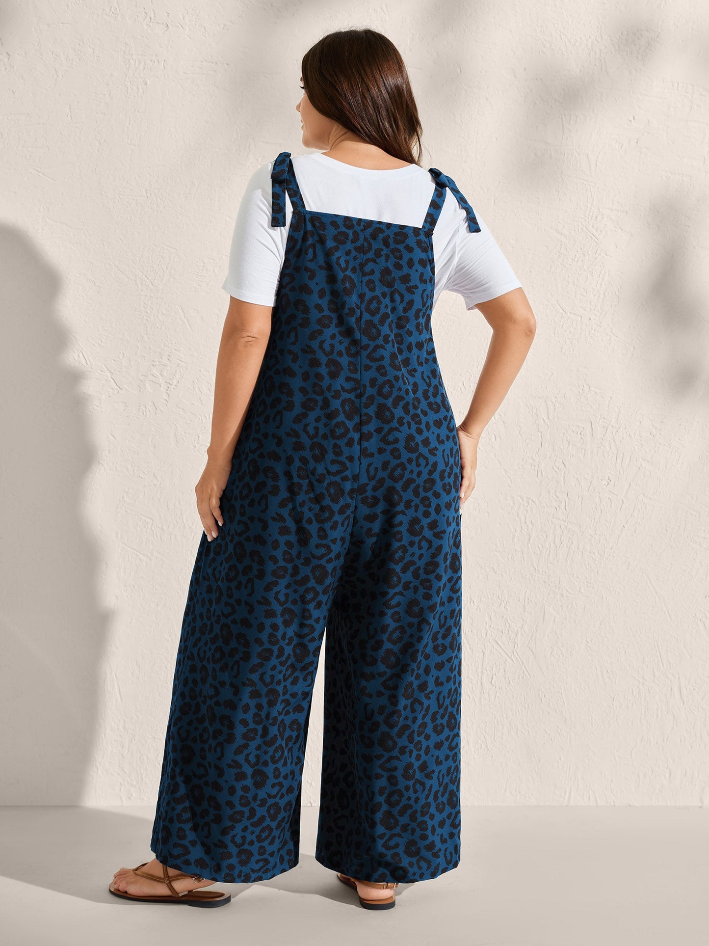 Leopard Print Shirred Shoulder Ties Jumpsuit