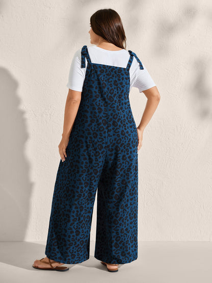 Leopard Print Shirred Shoulder Ties Jumpsuit