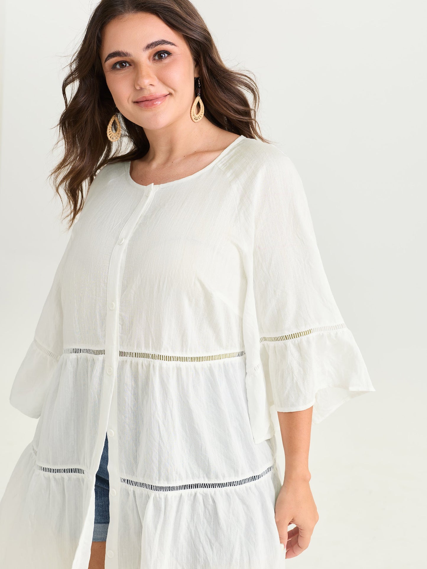 Supersoft Lace Trim Tiered Plain Open-Front Shirt
