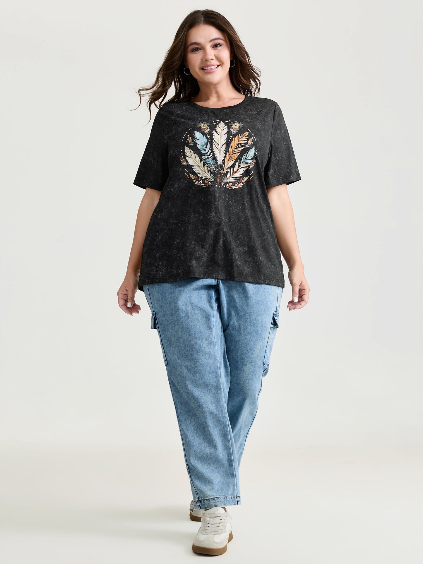 Supersoft Stretchy Feather Print Snowflake Effect T-Shirt