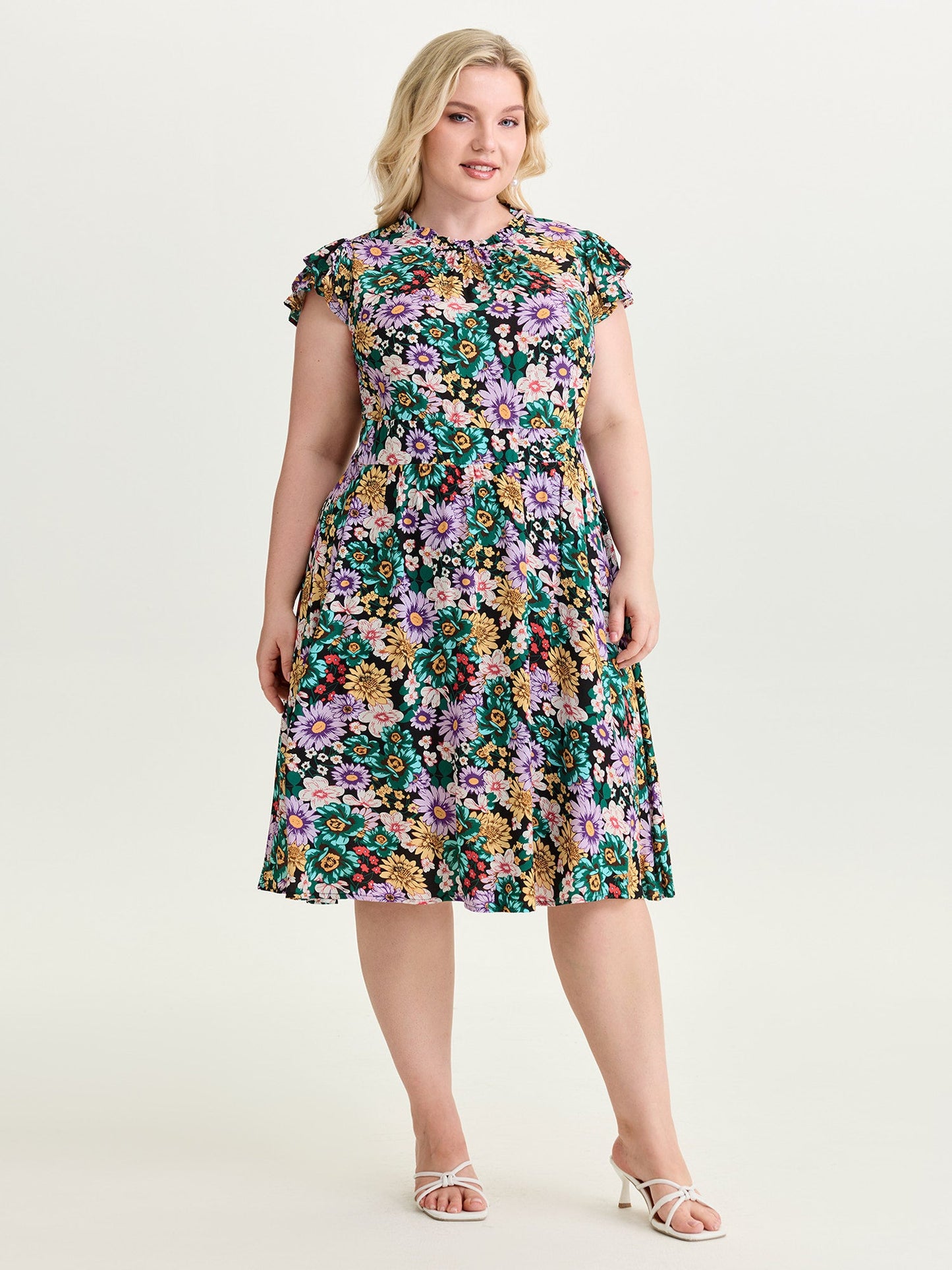 Vibrant Floral Print Ruffled Neckline Mini Dress