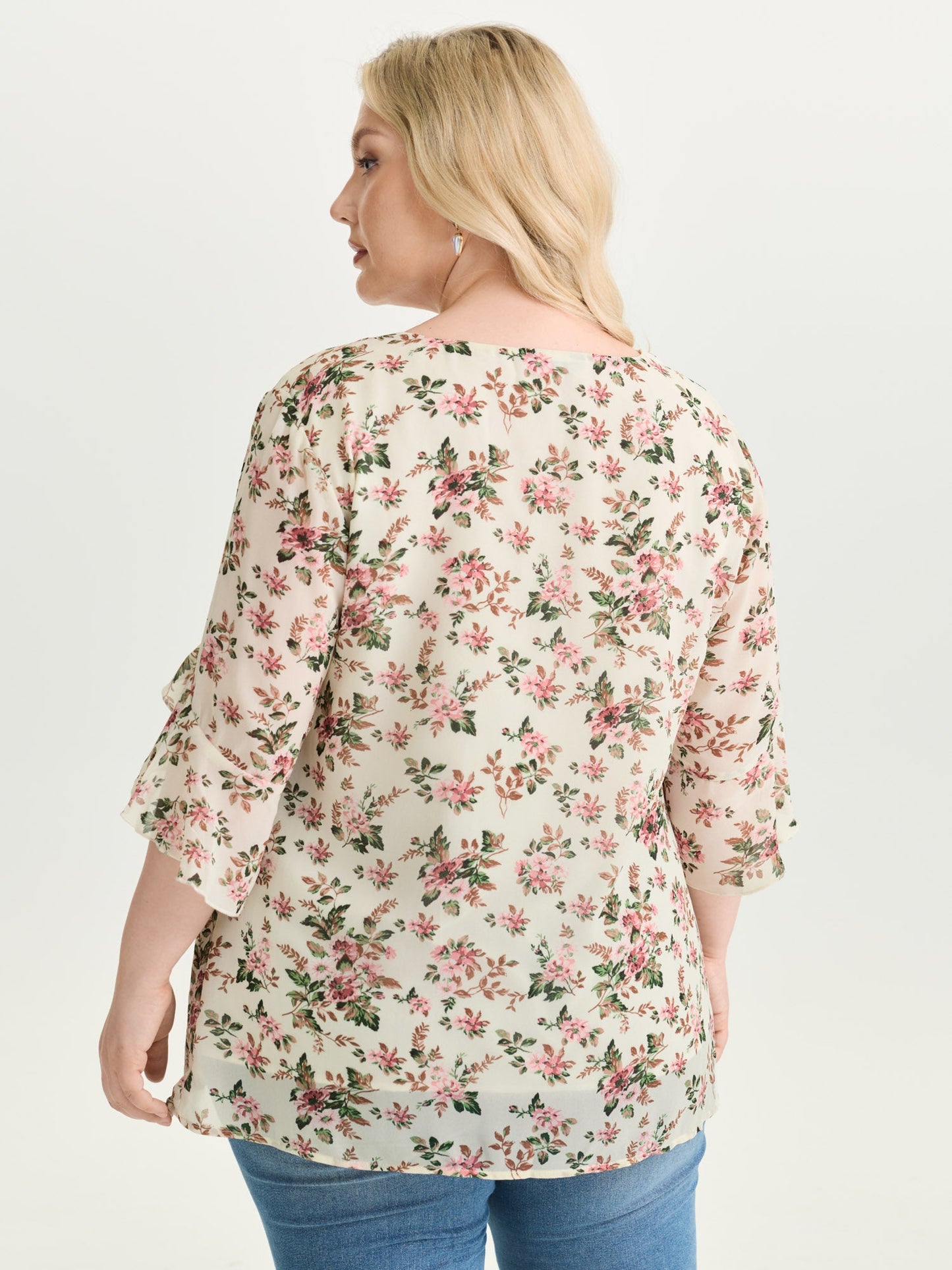 Floral Print Flared Sleeve Lined Blouse