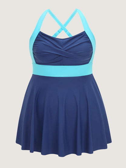 Color Contrast Twist Front Swim Dress