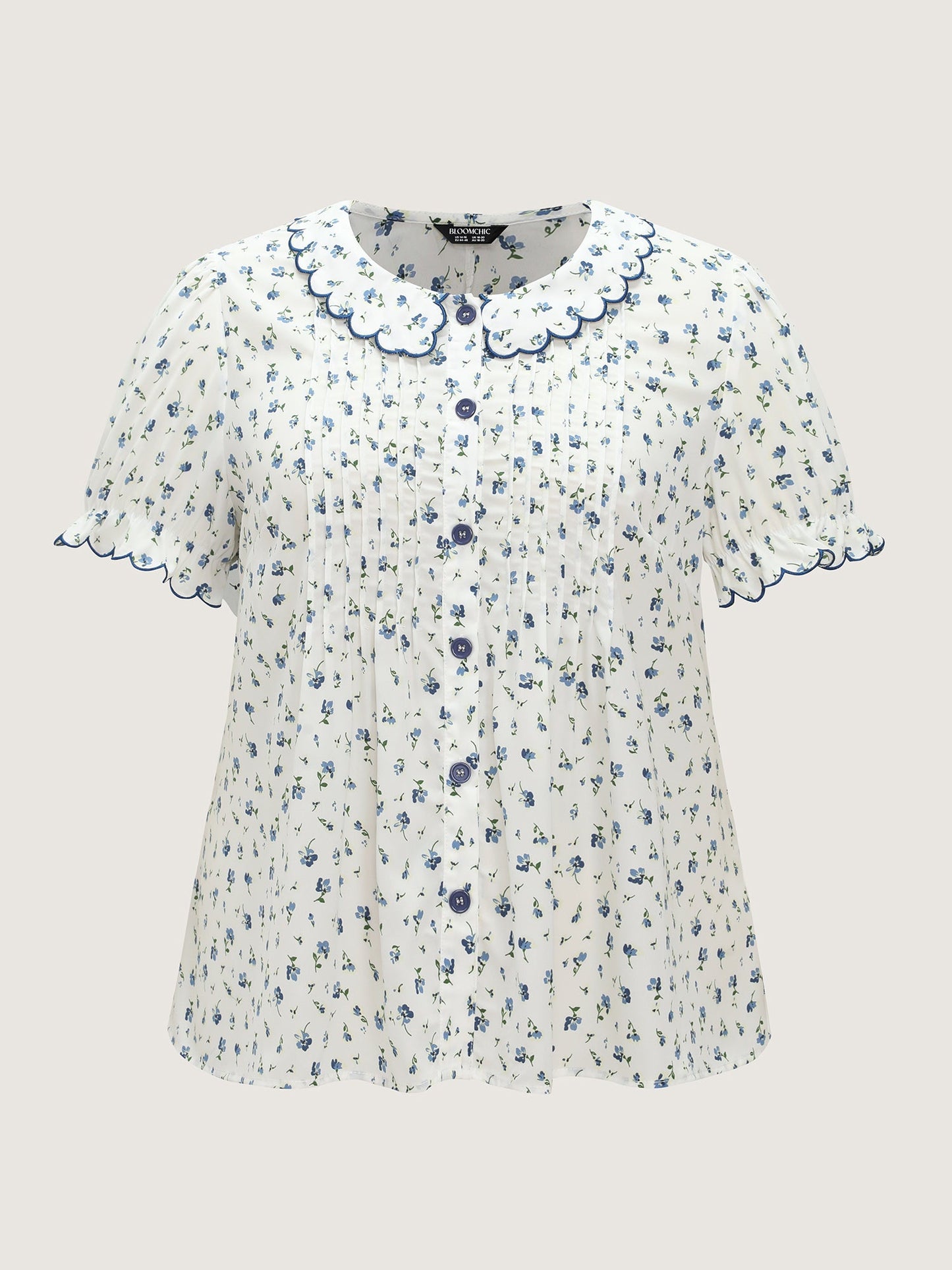 Floral Embroidery Pleated Button-Front Blouse