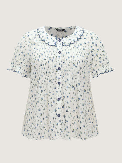 Floral Embroidery Pleated Button-Front Blouse
