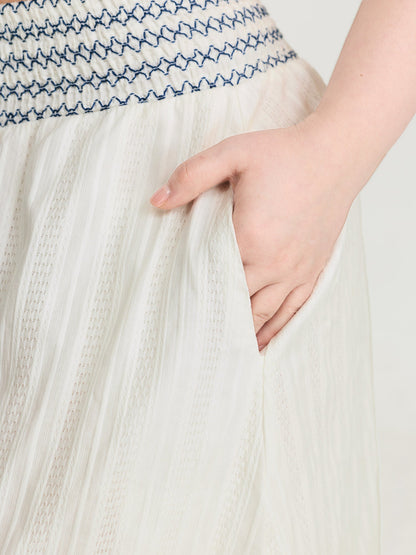 Cotton Shirred Contrast Waist Pockets Maxi Skirt