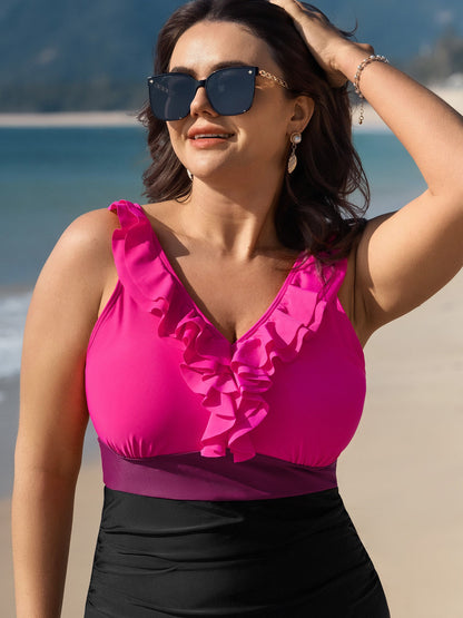 Color Contrast Ruffled Trim One-Piece Swimsuit