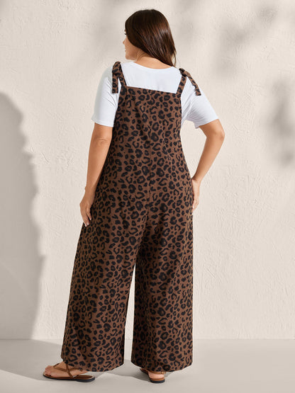 Leopard Print Shirred Shoulder Ties Jumpsuit