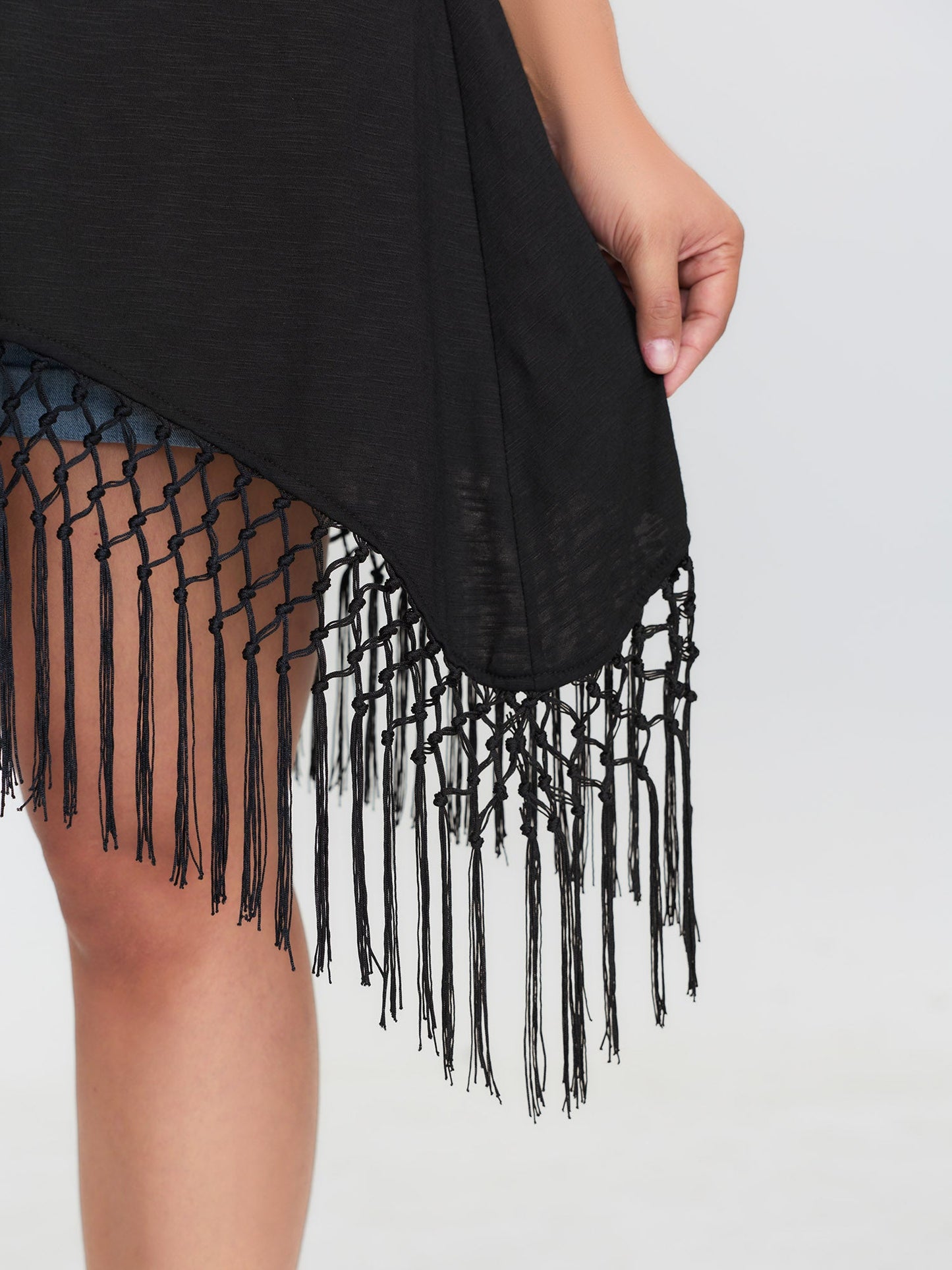 Asymmetrical Tassel Hem Plain Tunic