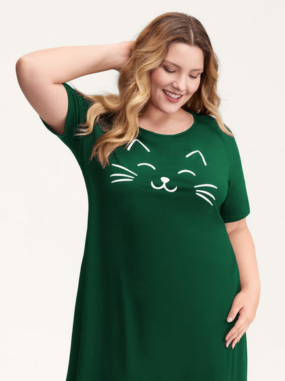Happy Cat Print Stretchy Contrast Nightgown