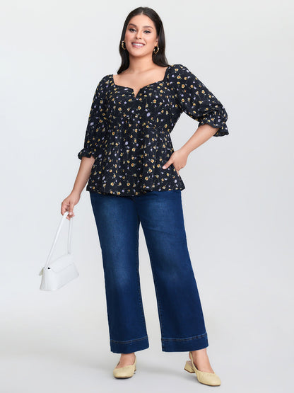 Floral Print Shirred Cuff Sleeve Blouse