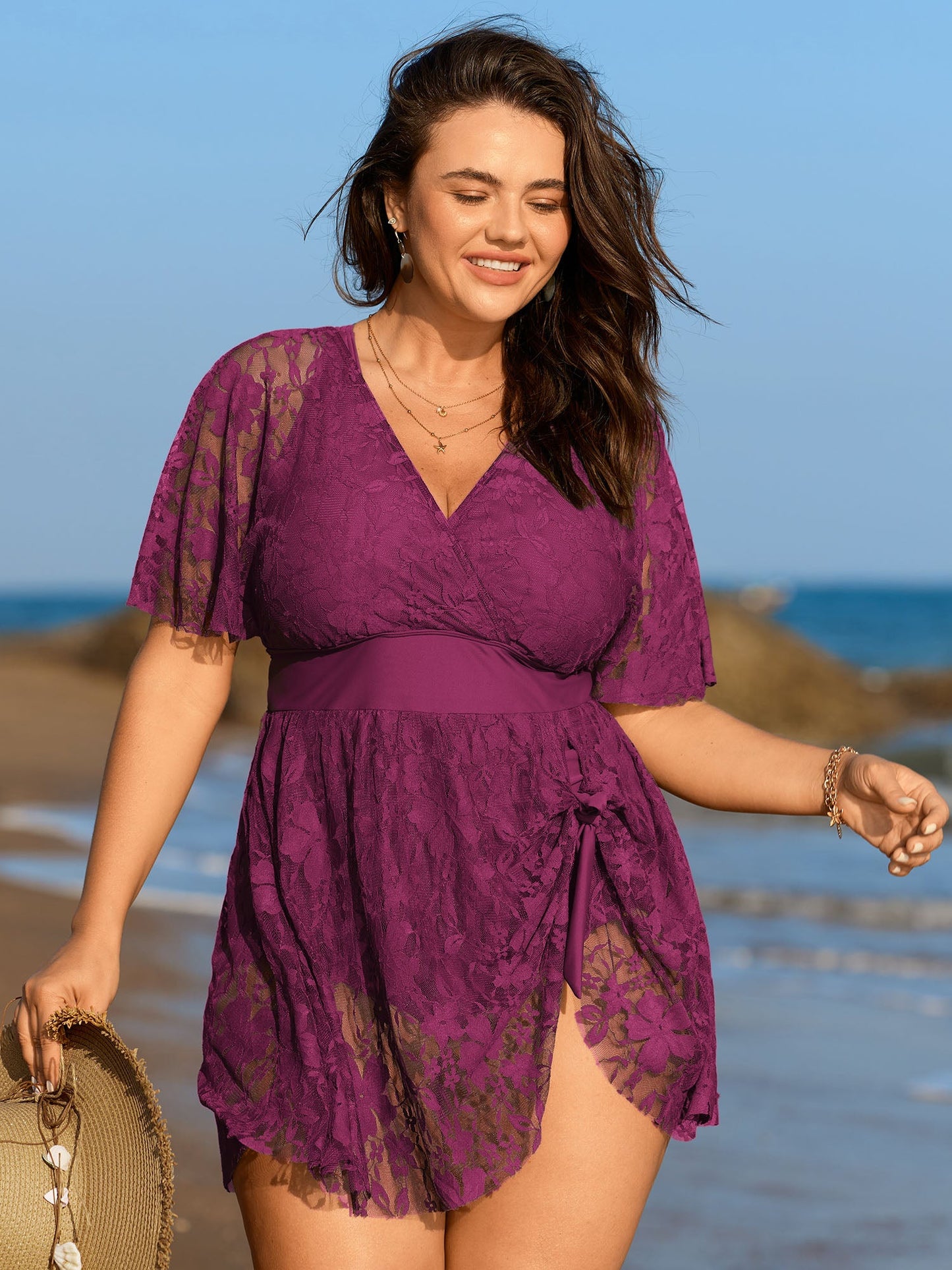 Sheer Lace Knotted Asymmetrical Hem Swim Dress