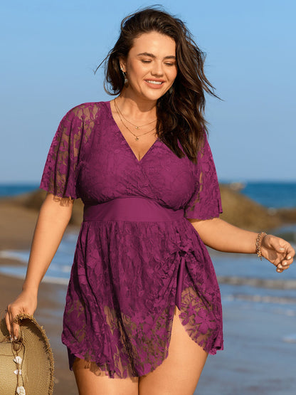 Sheer Lace Knotted Asymmetrical Hem Swim Dress