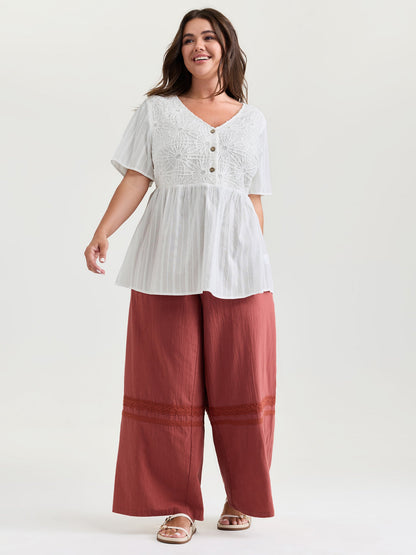 Cotton Stretchy Button Detail V-Neck Knit Top