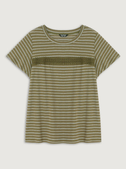 Stretchy Lace Trim Round Neck T-Shirt