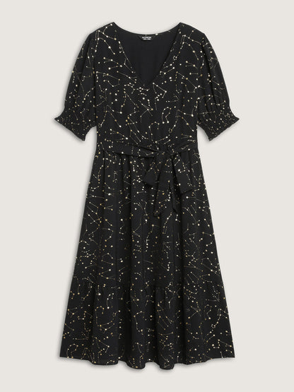 Shimmery Star Print Stretchy-Waist Midi Dress