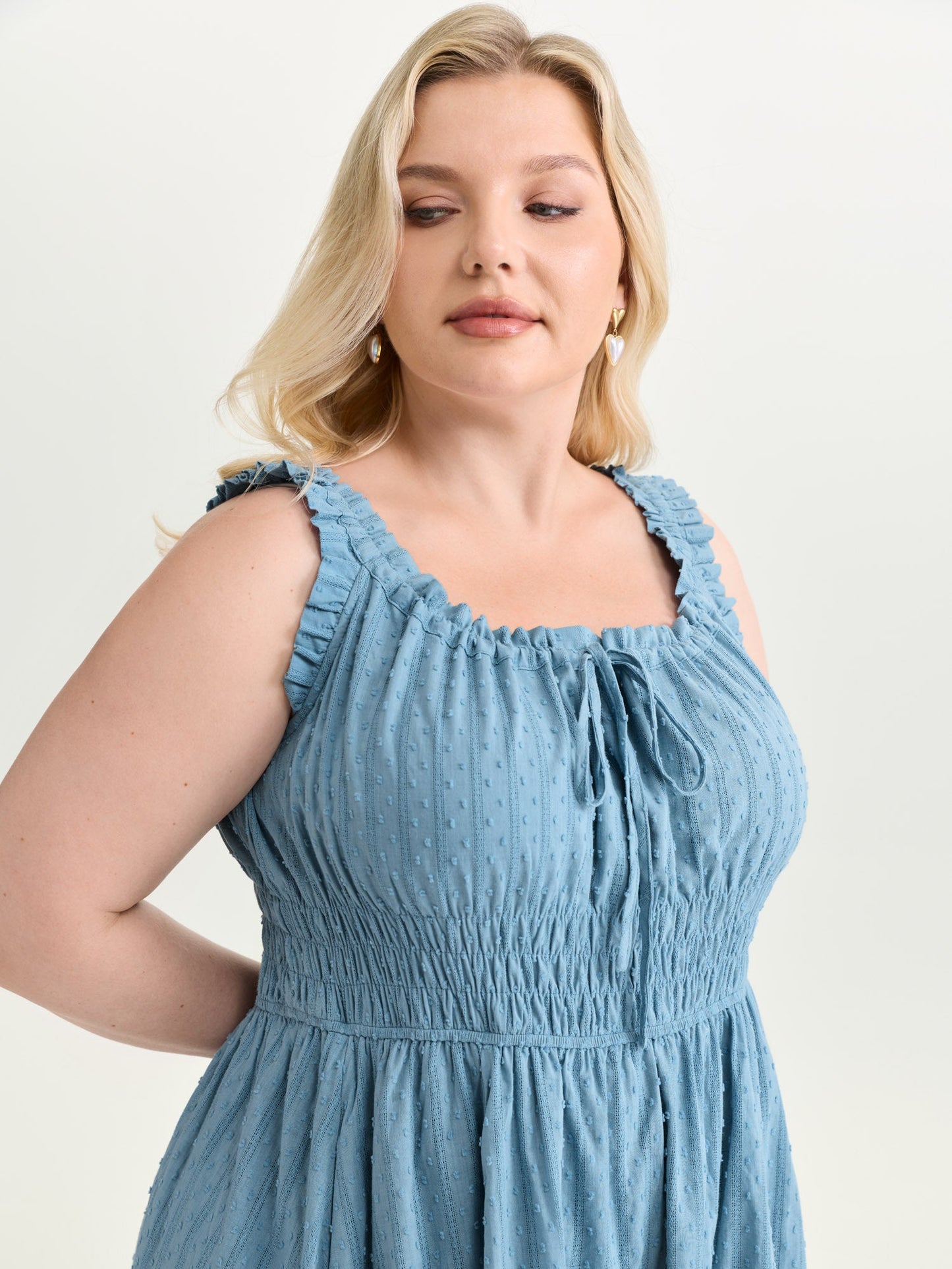 Textured Shirred Bodice Ruffled Straps Midi Dress