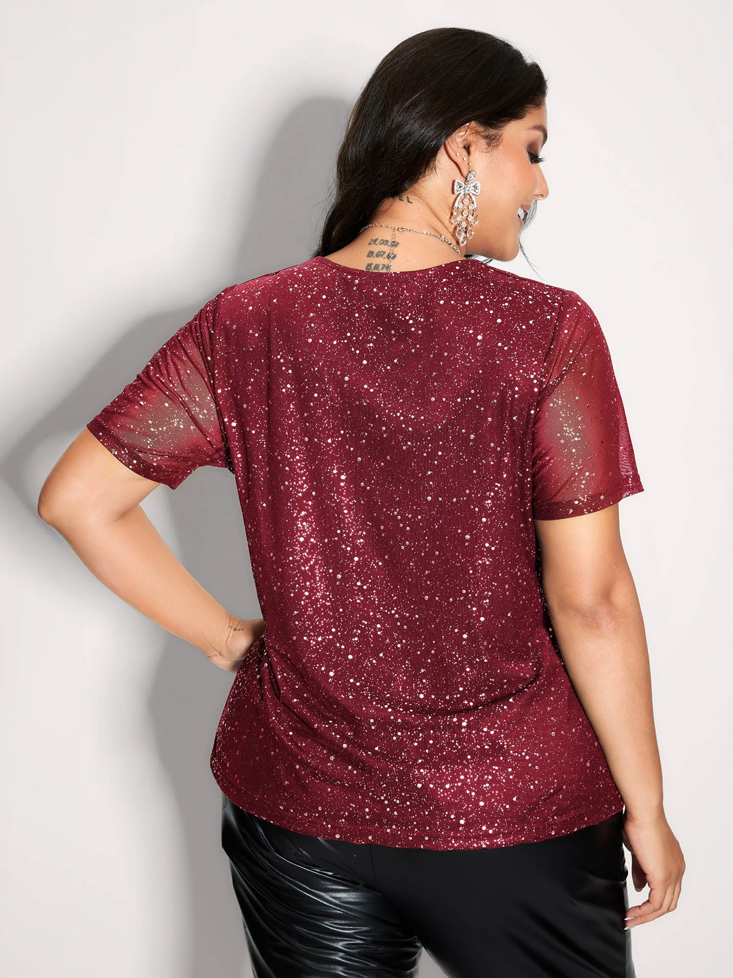 Shimmery Wrap Neck Sheer Sleeve T-Shirt