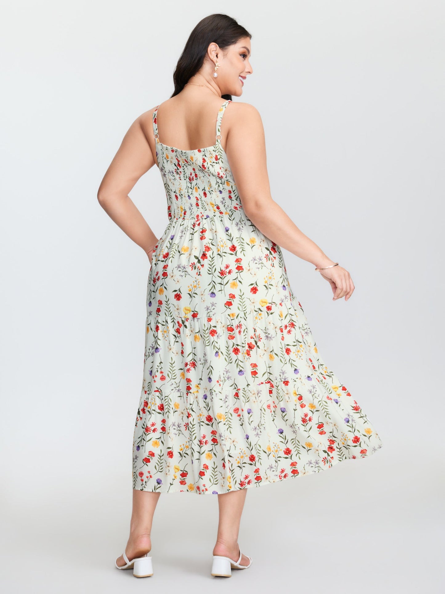 Floral Print Lace Trim Cinched Waist Midi Dress