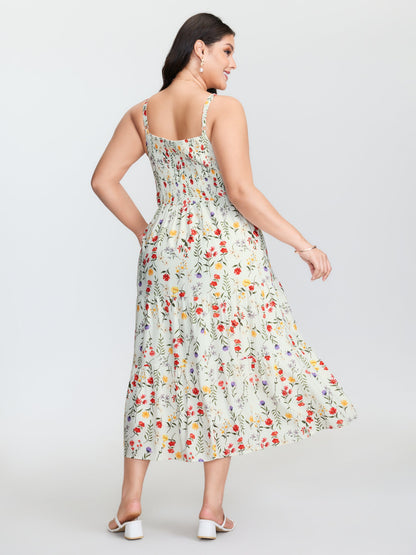 Floral Print Lace Trim Cinched Waist Midi Dress