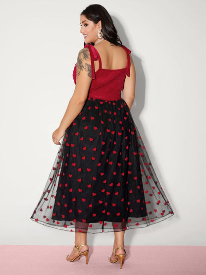 Velvet Heart Shaped Flocked Shoulder-Tie Maxi Dress