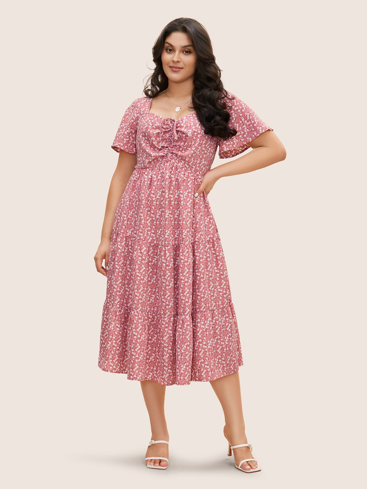 plus size Ditsy Floral Sweetheart Drawstring Pocket Tiered Dress