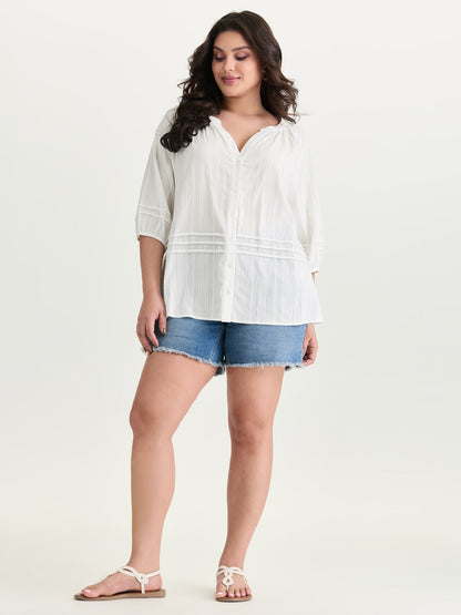 Cotton Sheer V Neck Button Down Shirt