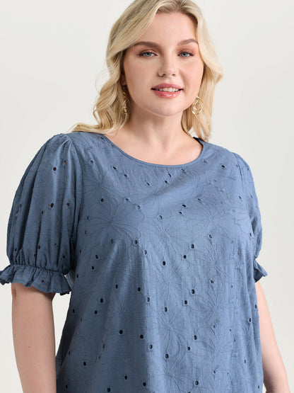 Floral Eyelet Trim Stretchy Cuff Sleeve Blouse